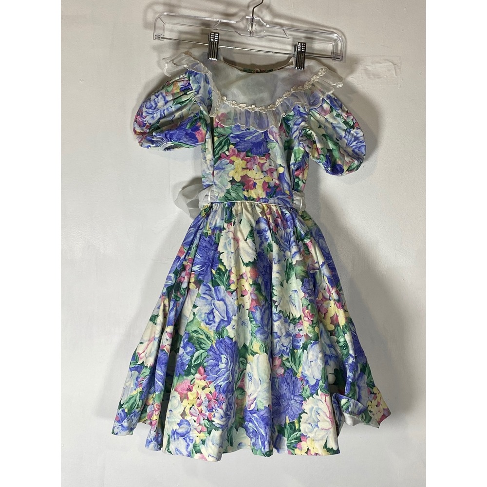 Vintage Jayne Copeland Girls 5T Floral Party Dress Puff Sleeves Organza